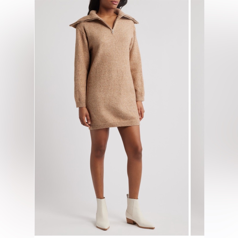 All in Favor Collar Long Sleeve Sweater Mini Dress in Taupe